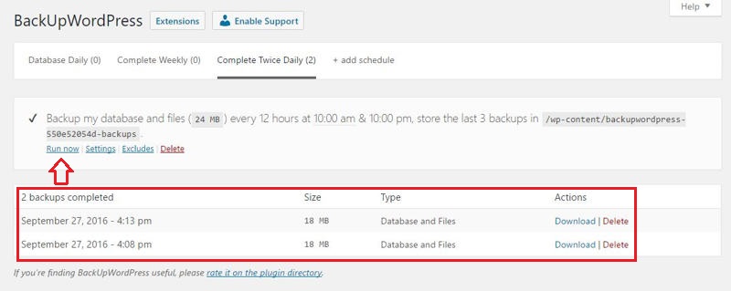 Table of completed backups