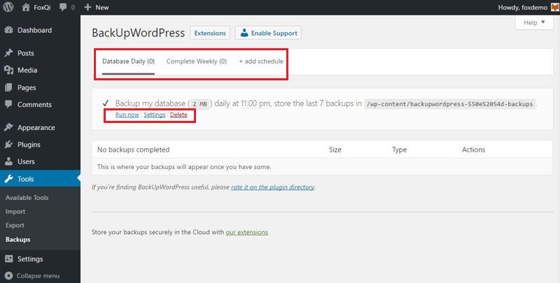 BackUpWordPress Control Interface