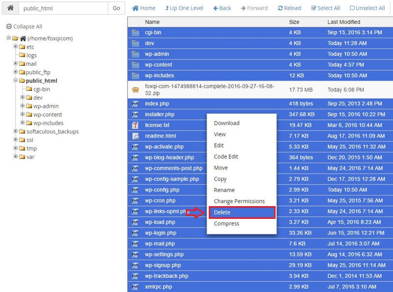 Deleting contents in /public_html directory