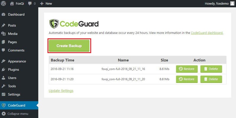 Highlighting the "Create Backup" button