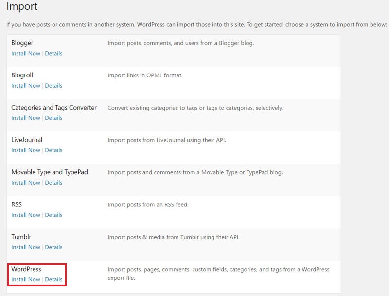 Installing the WordPress Importer plugin