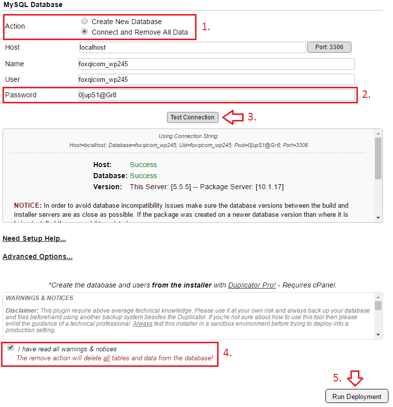 Duplicator installer interface configuration