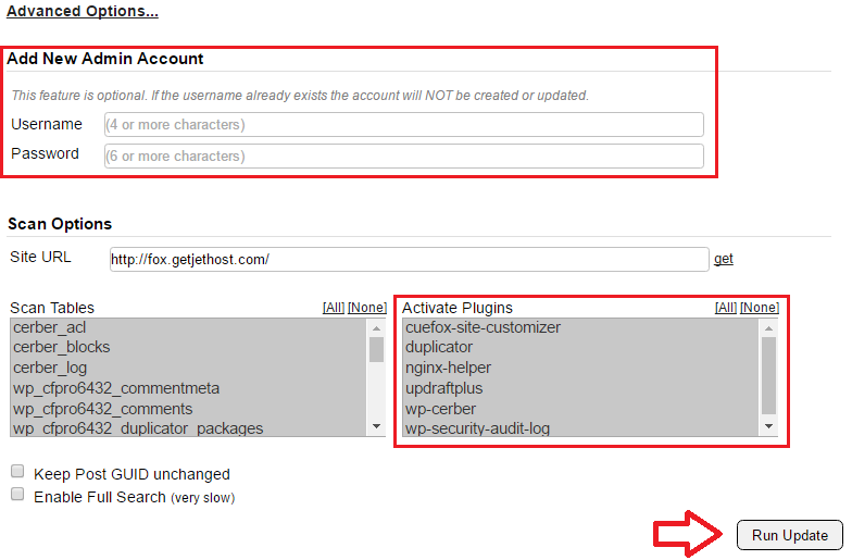 Duplicator installer interface update advanced options