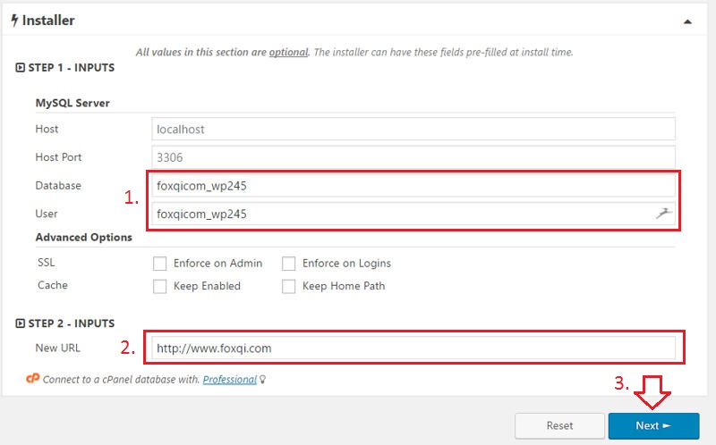 Filling out the installer input fields