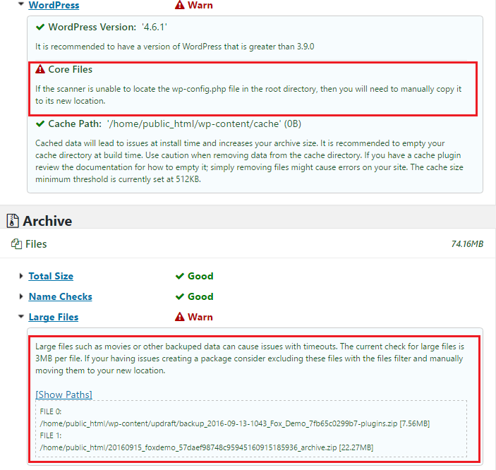 Duplicator package build scan warnings