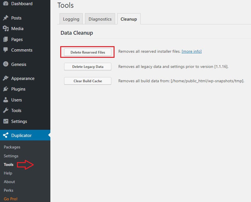 Duplicator tools page, cleaning up reserved files