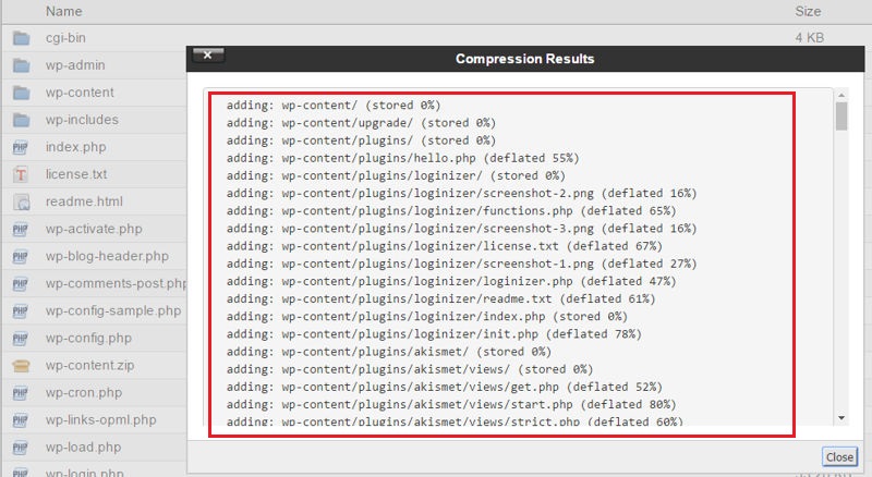 Modal window displaying file compression results