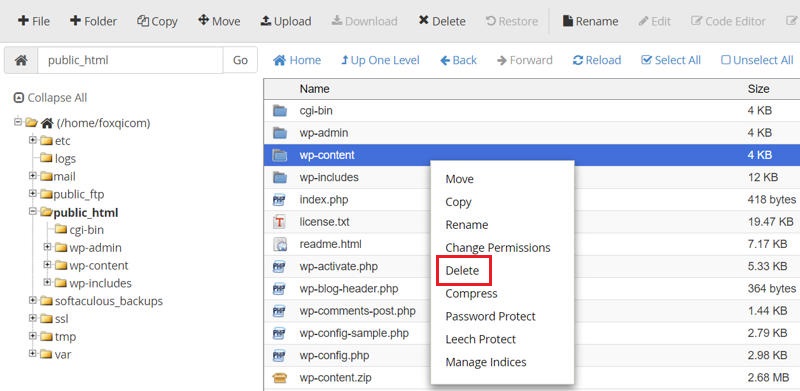 Deleting wp-content directory