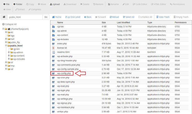 In File Manager locating wp-config.php file