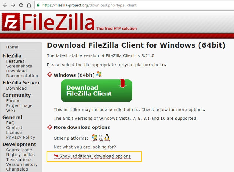 Toggling additional options on FileZilla client download page