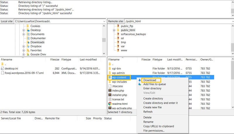 Downloading the wp-content directory