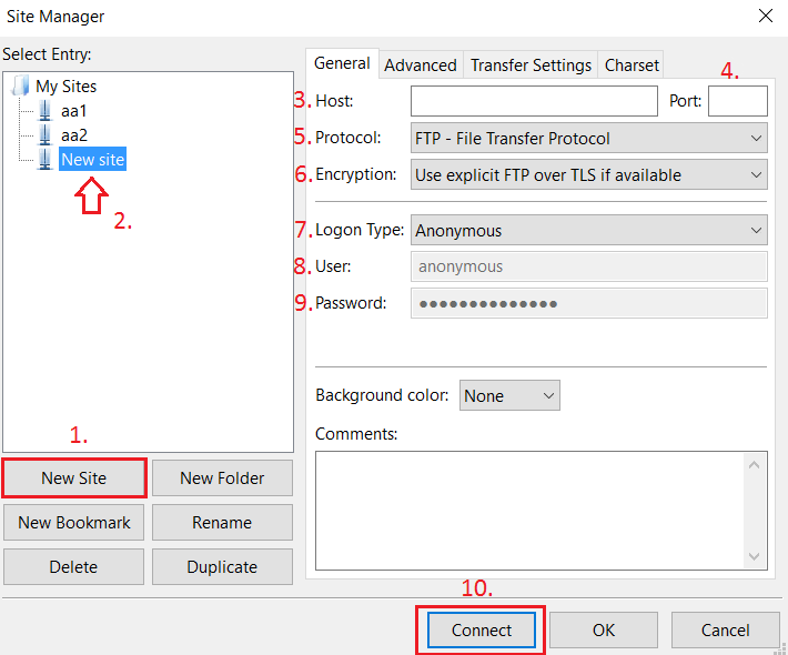 Configuring a new server connection on the site manager interface