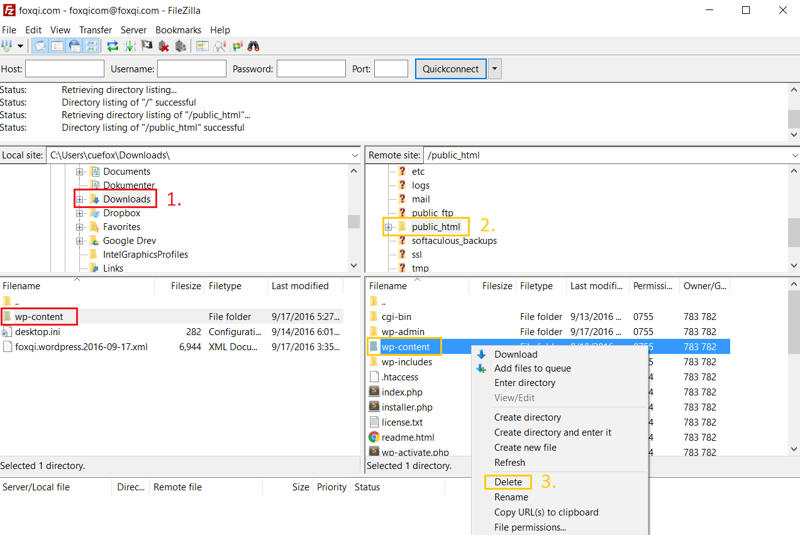 Deleting existing wp-content directory