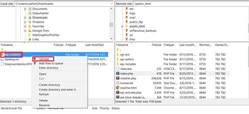 Uploading the local wp-content directory to server