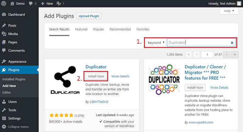 Installing the Duplicator plugin