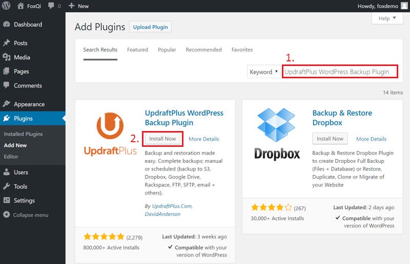 Installing the UpdraftPlus plugin
