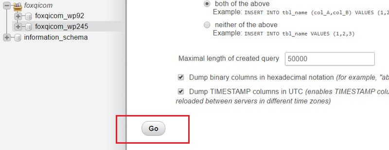 phpMyAdmin export Go button