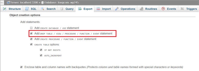 phpMyAdmin export settings