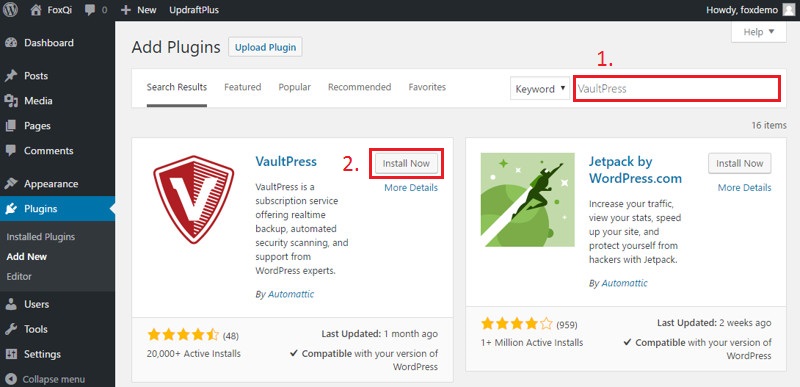 Installing the VaultPress plugin
