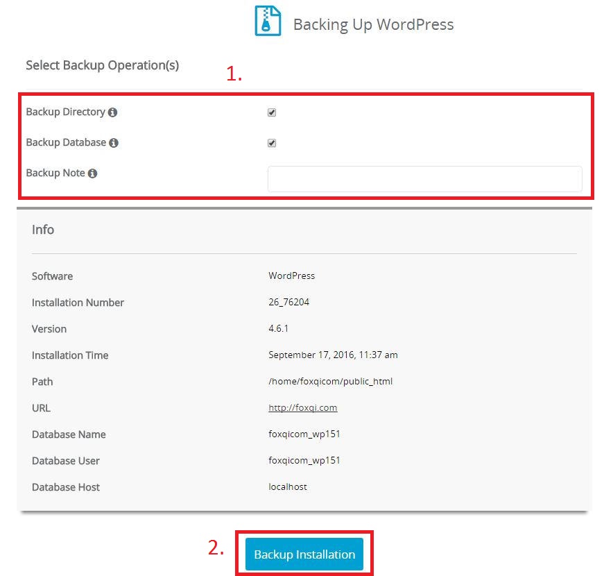 Preparing a Softaculous backup