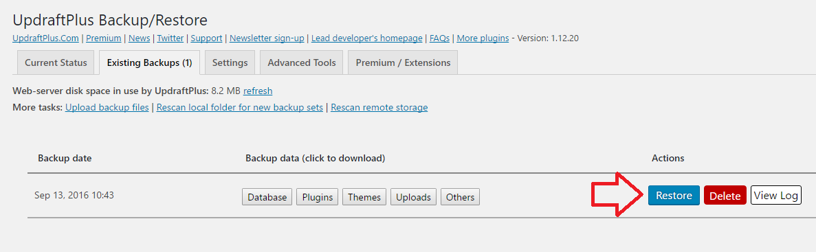 UpdraftPlus Backup and Restore settings page