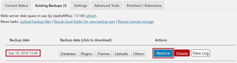 Preparing to restore an UpdraftPlus backup