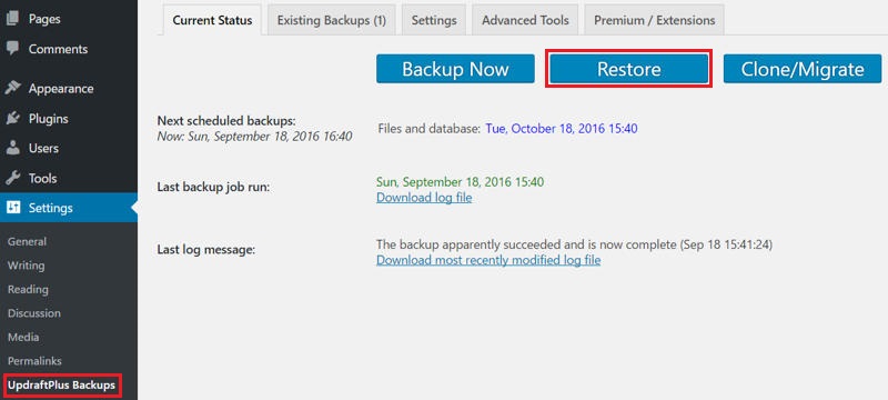 Preparing to restore an UpdraftPlus backup