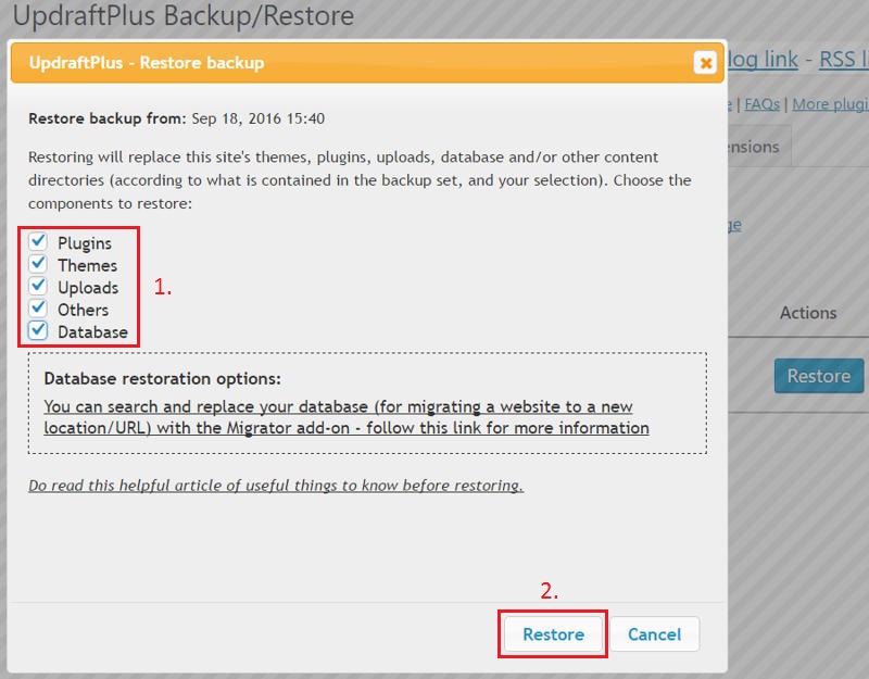 UpdraftPlus modal window