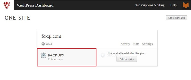 Clicking the backups button in the VaultPress dashboard