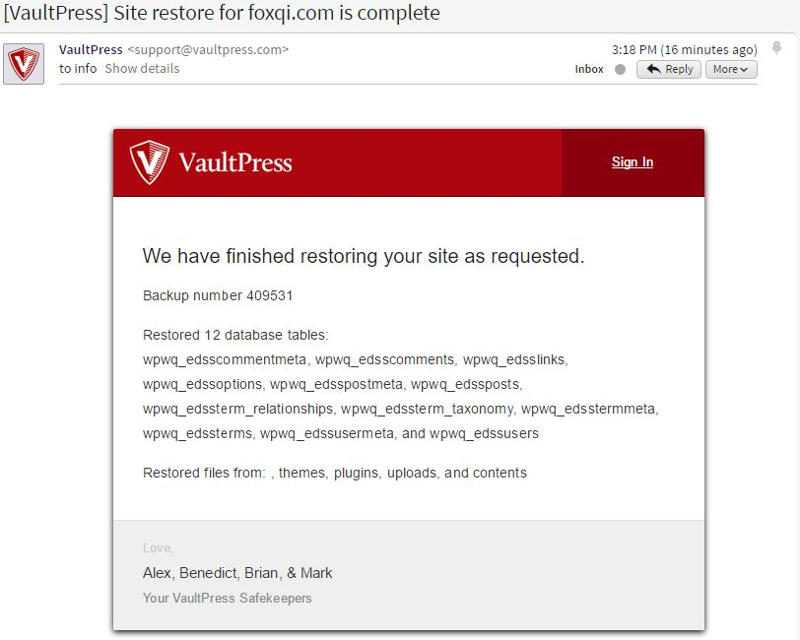 VaultPress email confirmation report