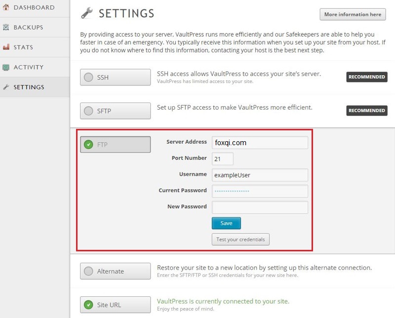 VaultPress server connection details