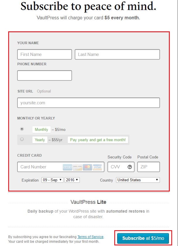 VaultPress payment page