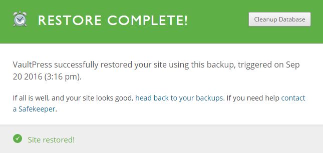 VaultPress restore successful