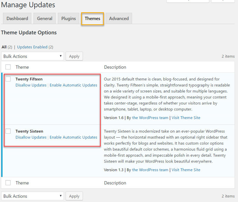 Easy Update Manager's themes settings page